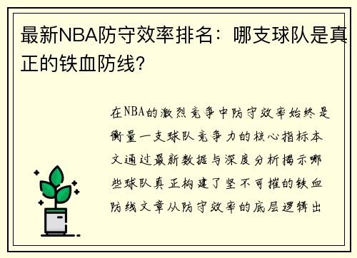 最新NBA防守效率排名:哪支球队是真正的铁血防线?
