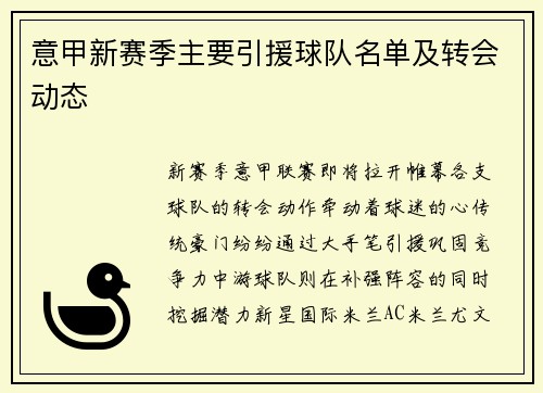 意甲新赛季主要引援球队名单及转会动态